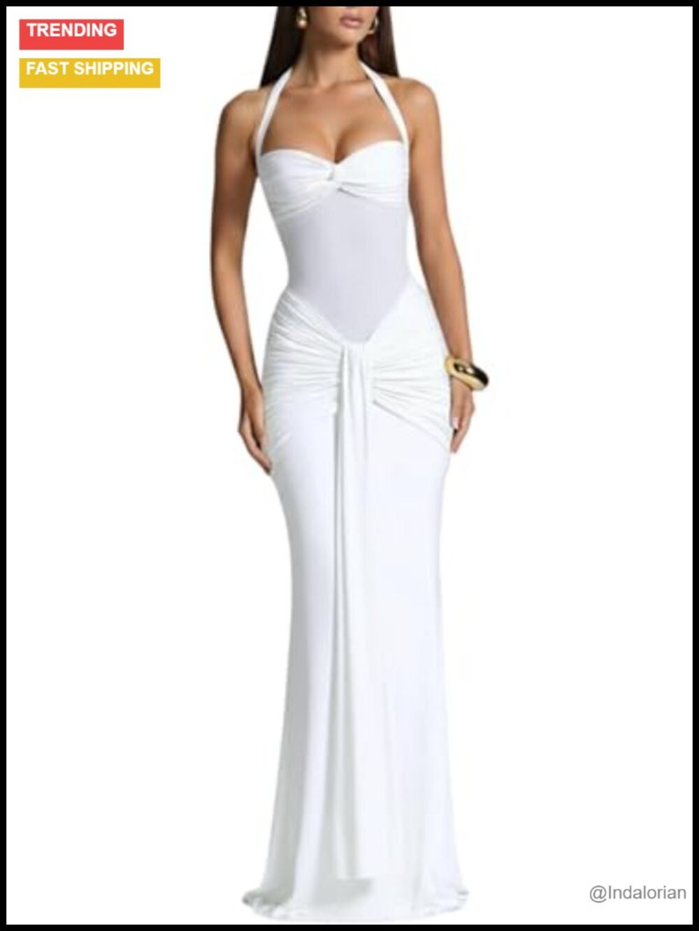 Women's Halter Maxi Dress Backless Ruched Bodycon Polyester